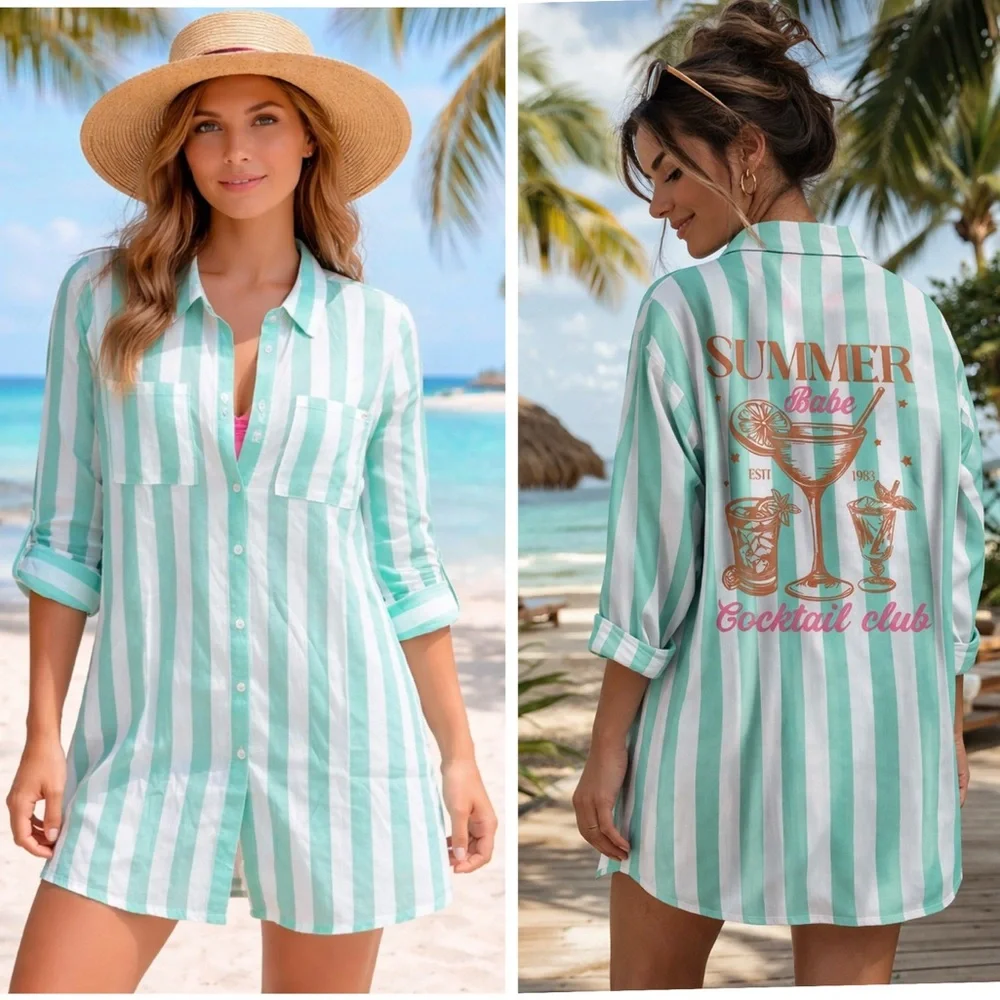 Betsey Johnson Striped Beach Cover-Up Shirt, Seafoam